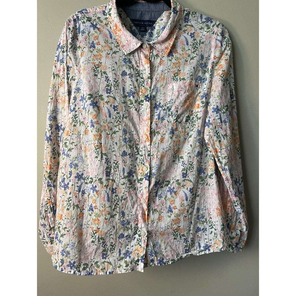 Tommy Hilfiger Womens Floral Cotton Button Down Shirt Blue Orange L Long Sleeve